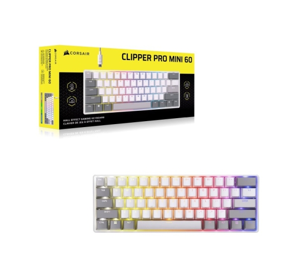 CORSAIR CLIPPER PRO MINI 60 Hall Effect Gaming Keyboard, Backlit RGB LED, CORSAIR MGX Core, White , PBT DS Keycaps | Corsair