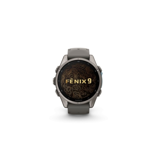 Garmin   Fenix 9 – 43 mm
Titanium with fog gray silicone band