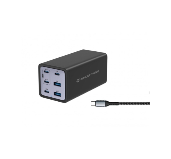 Conceptronic 6-Port 200W GaN USB PD Charger with USB-C Charging Cable, USB-C x 4, USB-A x 2, QC 3.0, PD 3.1, PPS