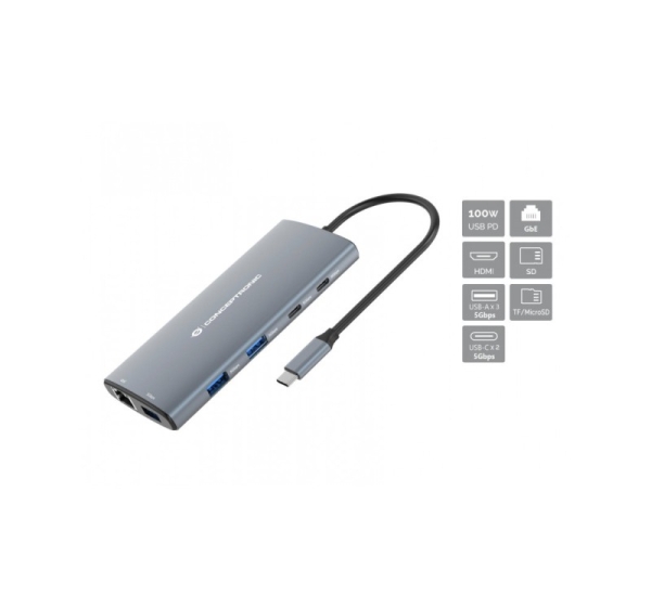 Conceptronic DONN06G 10-in-1 USB 3.2 Gen 1 Docking Station, HDMI, 100W USB PD, USB-C 5Gbps x 2, USB-A 5Gbps x 3, SD, TF/MicroSD, GbE
