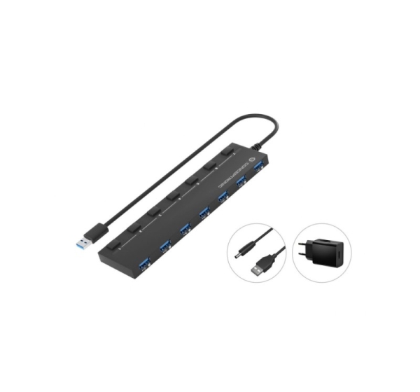 Conceptronic HUBBIES19BP 7-Port USB 3.2 Gen 1 Hub with 5.0V/3.0A Power Adapter, USB-A to 7 x USB-A, 5Gbps SuperSpeed, 90cm Cable