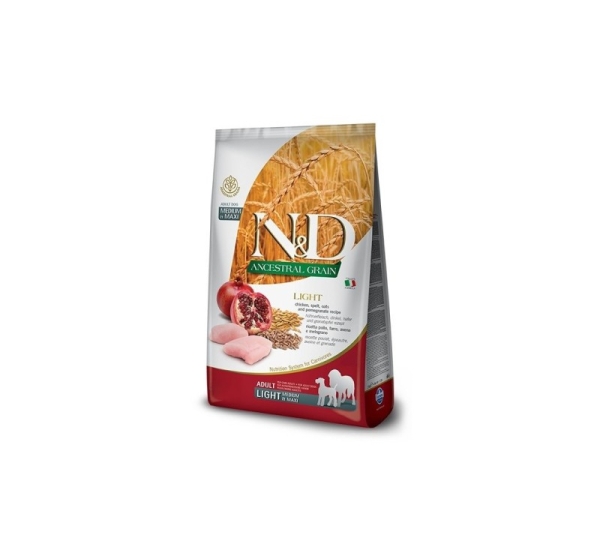 FARMINA N&D ANCESTRAL GRAIN DOG LIGHT - CHICKEN. SPELT.OATS AND POMEGRANATE ADULT MEDIUM & MAXI 12kg