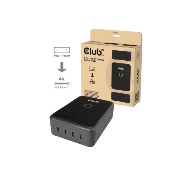CLUB3D CAC-1933 4-Port USB-C® Charging Station 240W GaN PD 3.1 + PPS + LED Display