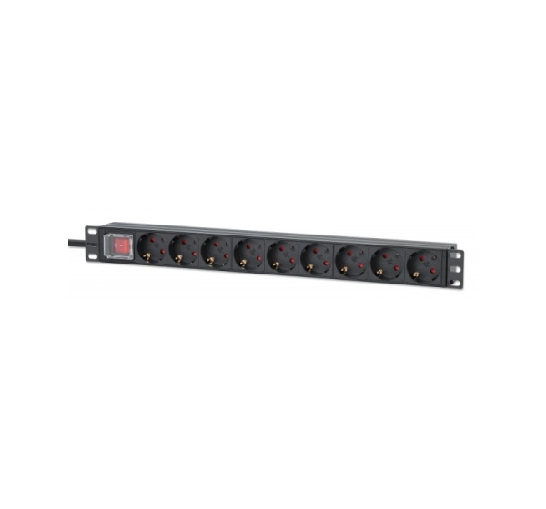 Intellinet 19" 1U Rackmount 9-Output Power Distribution Unit (PDU), EU CEE 7/3 Outlets, Built-in 2 m Power Cord with EU CEE 7/7 Plug, 16 A, On/Off Switch, Horizontal Mount, Aluminum, Black