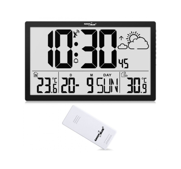 GreenBlue GB218 Extra Large LCD Wall Clock with Weather Station Temperature and Date Display